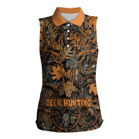 Deer Hunting Skull Women Sleeveless Polo Shirt Autumn Leaves Rustic Brown and Orange Tones