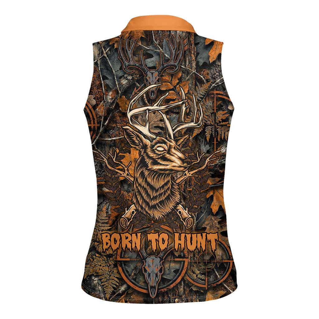Deer Hunting Skull Women Sleeveless Polo Shirt Autumn Leaves Rustic Brown and Orange Tones