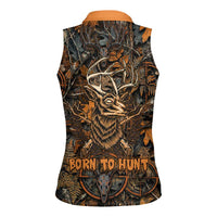 Deer Hunting Skull Women Sleeveless Polo Shirt Autumn Leaves Rustic Brown and Orange Tones
