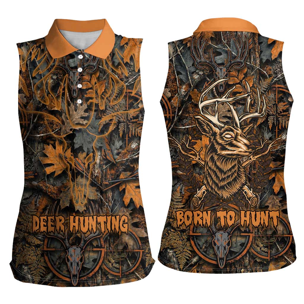 Deer Hunting Skull Women Sleeveless Polo Shirt Autumn Leaves Rustic Brown and Orange Tones