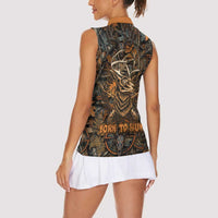 Deer Hunting Skull Women Sleeveless Polo Shirt Autumn Leaves Rustic Brown and Orange Tones