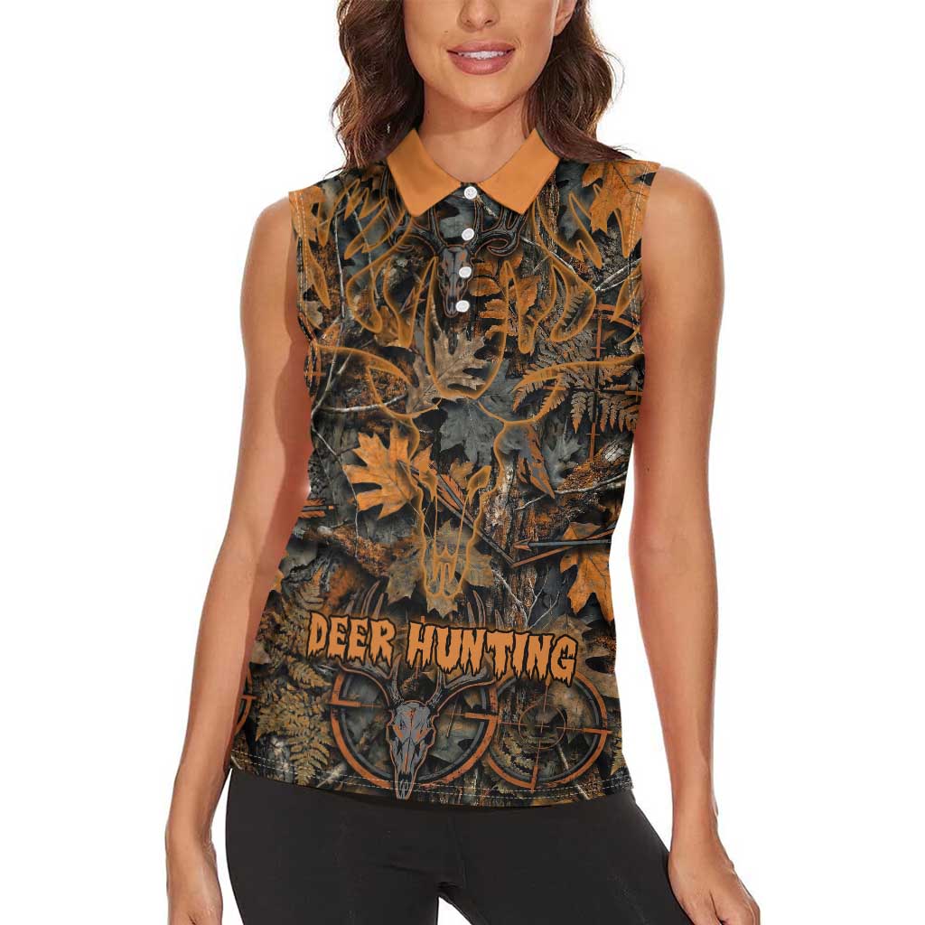 Deer Hunting Skull Women Sleeveless Polo Shirt Autumn Leaves Rustic Brown and Orange Tones