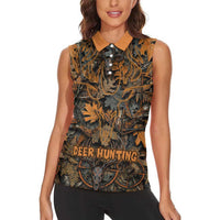Deer Hunting Skull Women Sleeveless Polo Shirt Autumn Leaves Rustic Brown and Orange Tones