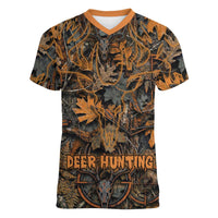Deer Hunting Skull Women V-Neck T-Shirt Autumn Leaves Rustic Brown and Orange Tones