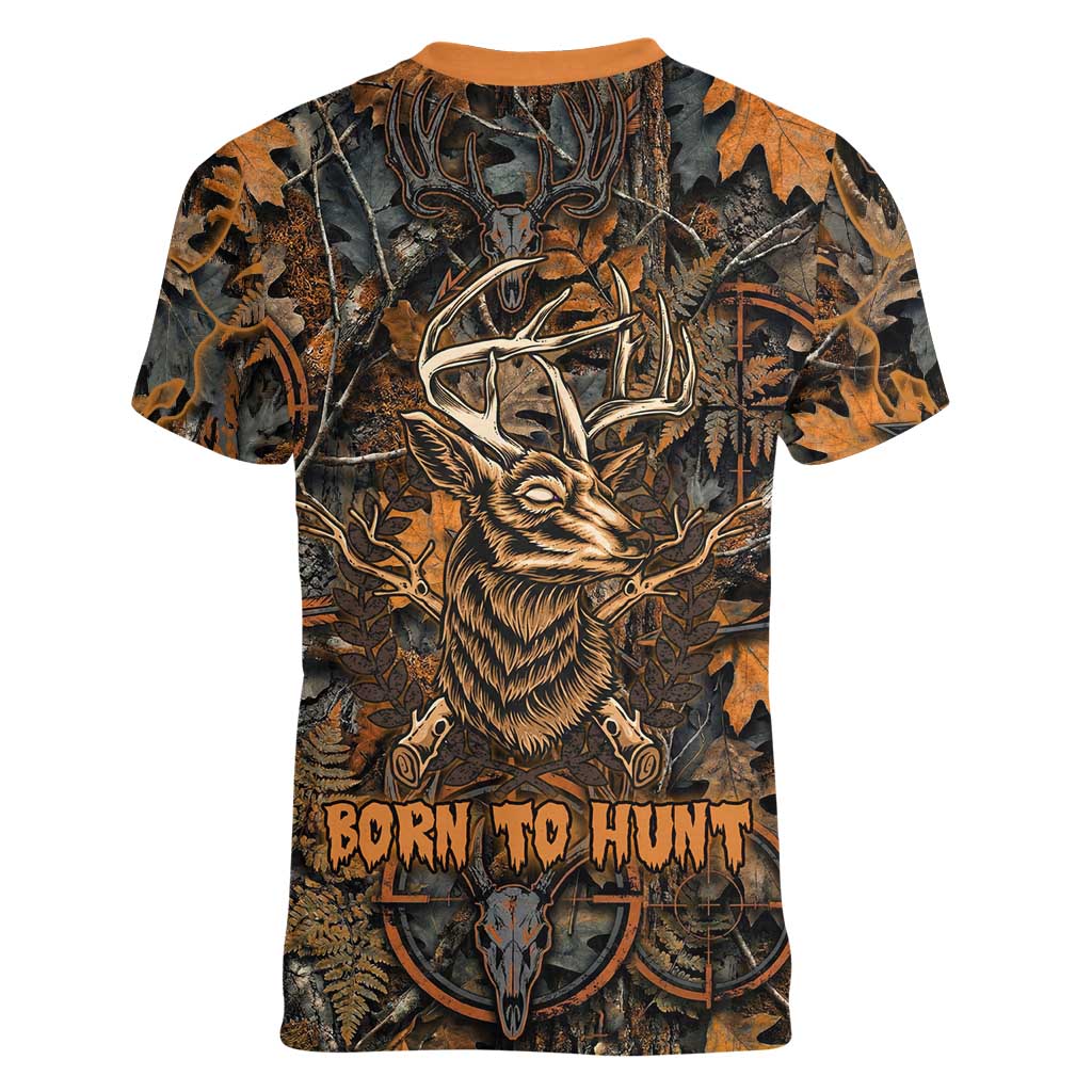 Deer Hunting Skull Women V-Neck T-Shirt Autumn Leaves Rustic Brown and Orange Tones