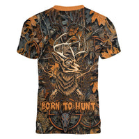 Deer Hunting Skull Women V-Neck T-Shirt Autumn Leaves Rustic Brown and Orange Tones