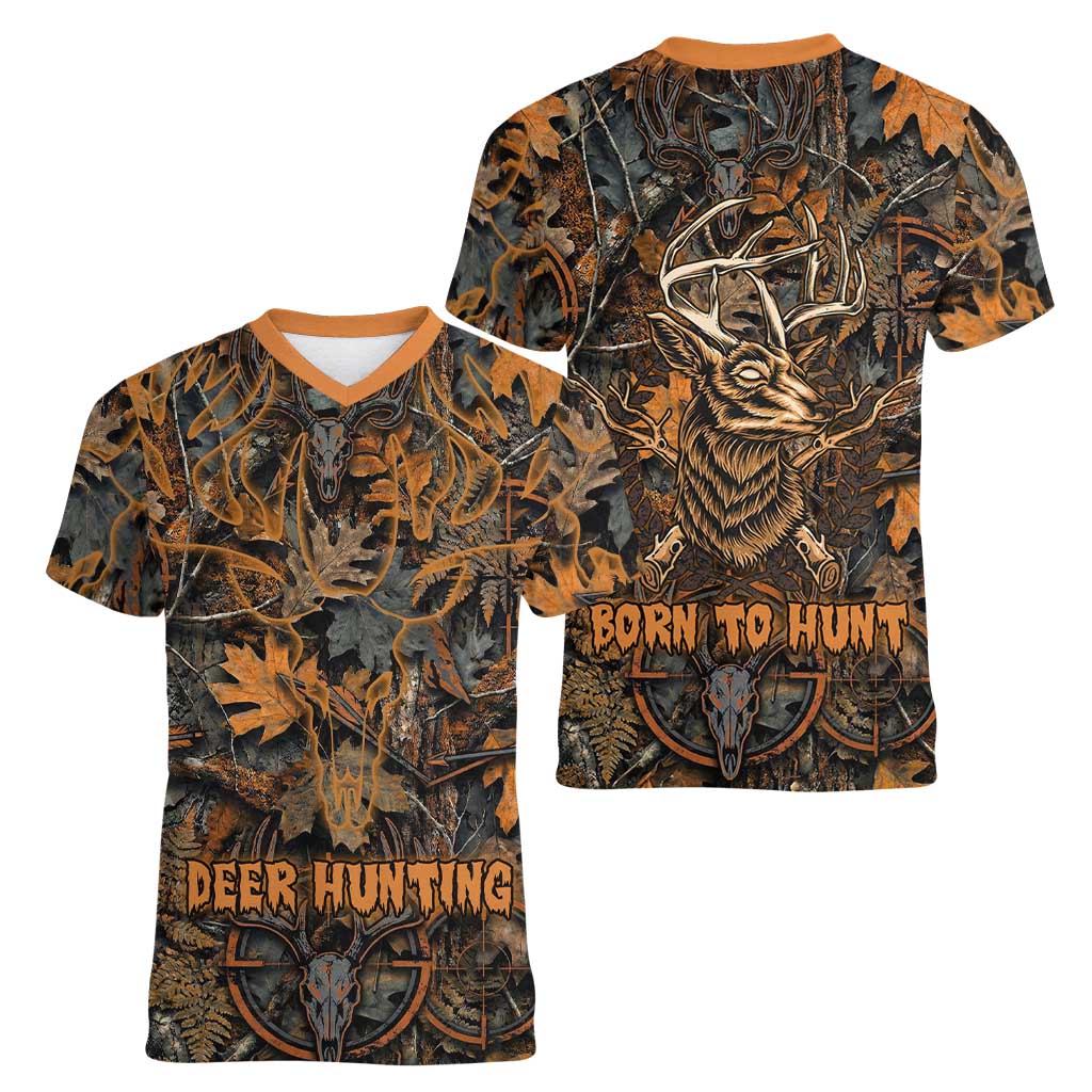 Deer Hunting Skull Women V-Neck T-Shirt Autumn Leaves Rustic Brown and Orange Tones