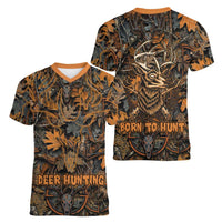 Deer Hunting Skull Women V-Neck T-Shirt Autumn Leaves Rustic Brown and Orange Tones