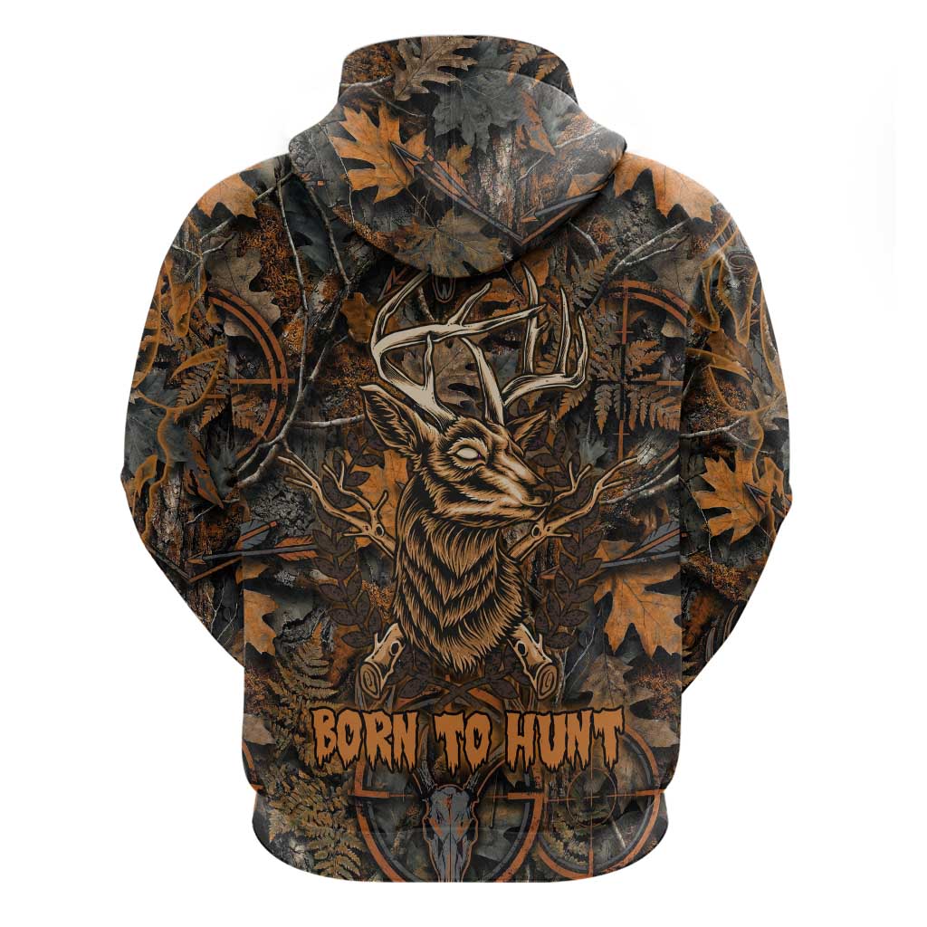 Deer Hunting Skull Zip Hoodie Autumn Leaves Rustic Brown and Orange Tones
