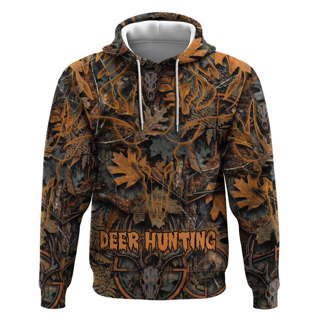 Deer Hunting Skull Zip Hoodie Autumn Leaves Rustic Brown and Orange Tones