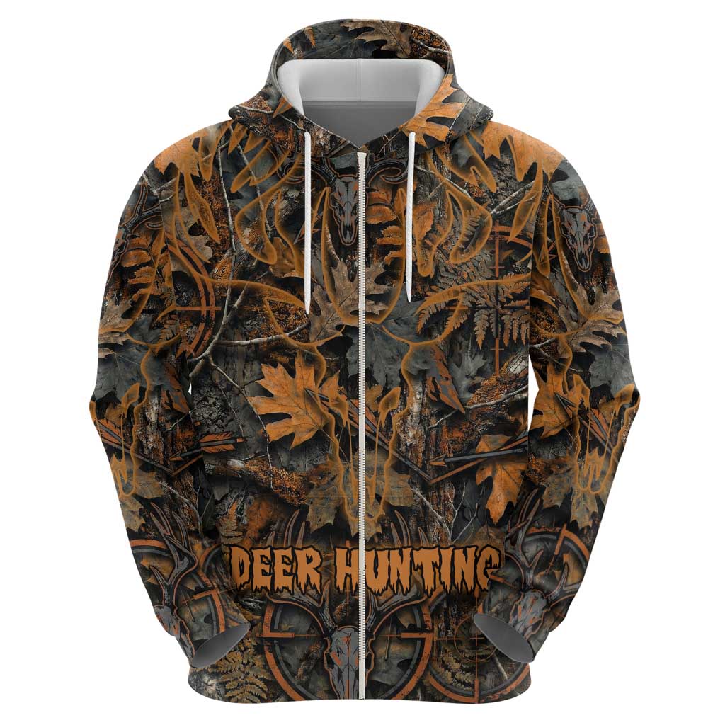 Deer Hunting Skull Zip Hoodie Autumn Leaves Rustic Brown and Orange Tones