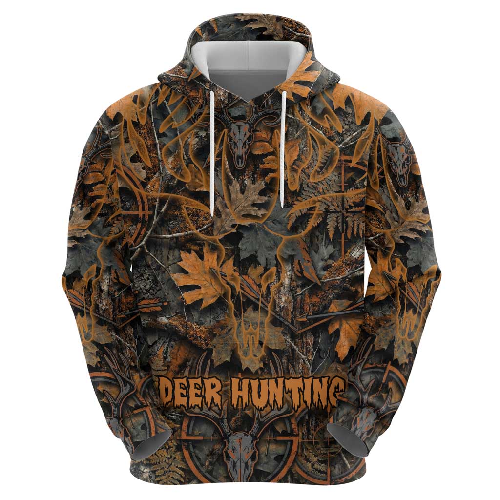 Deer Hunting Skull Zip Hoodie Autumn Leaves Rustic Brown and Orange Tones