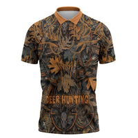 Deer Hunting Skull Zipper Polo Shirt Autumn Leaves Rustic Brown and Orange Tones