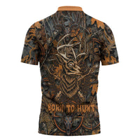 Deer Hunting Skull Zipper Polo Shirt Autumn Leaves Rustic Brown and Orange Tones