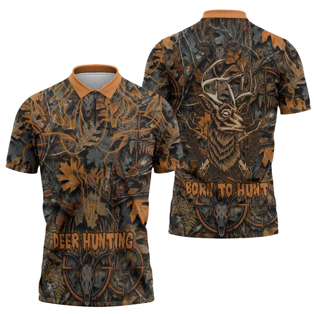 Deer Hunting Skull Zipper Polo Shirt Autumn Leaves Rustic Brown and Orange Tones