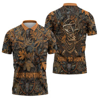 Deer Hunting Skull Zipper Polo Shirt Autumn Leaves Rustic Brown and Orange Tones