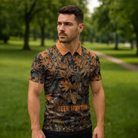 Deer Hunting Skull Zipper Polo Shirt Autumn Leaves Rustic Brown and Orange Tones