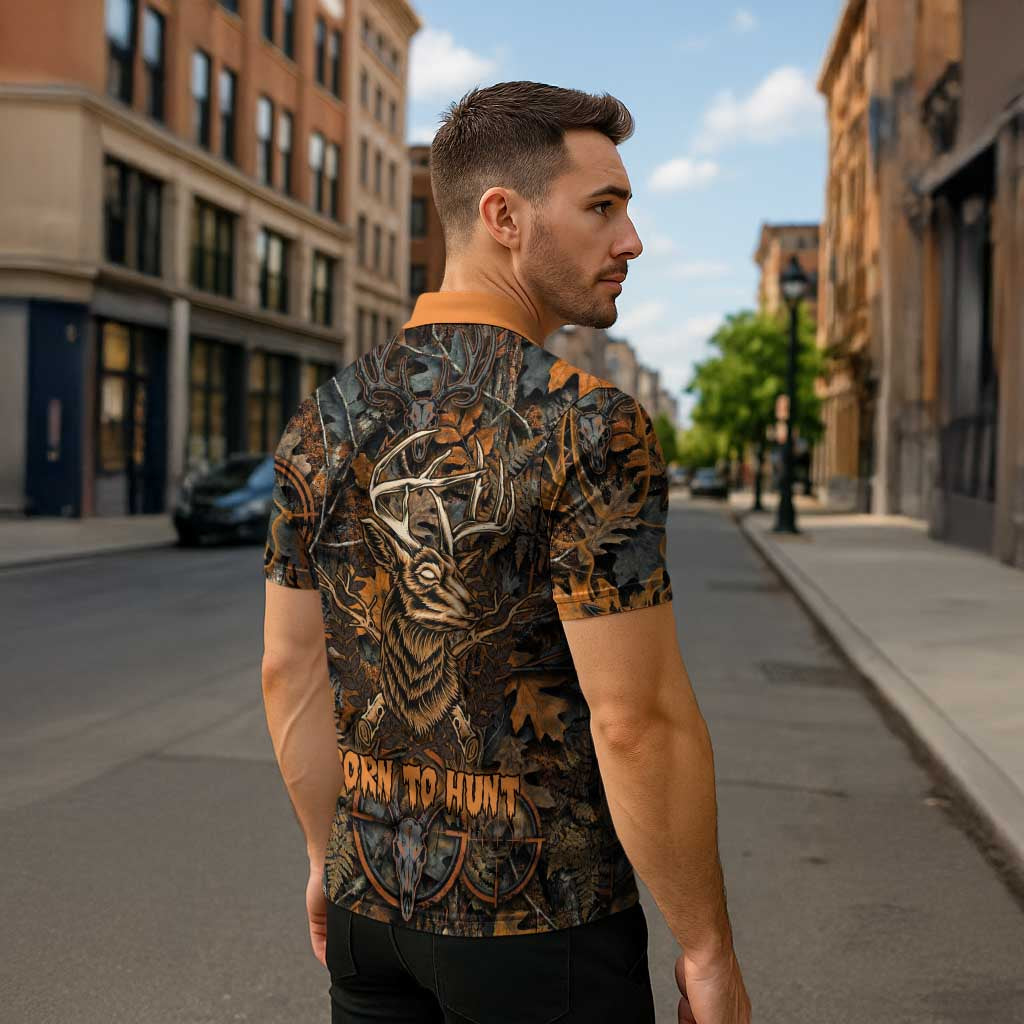 Deer Hunting Skull Zipper Polo Shirt Autumn Leaves Rustic Brown and Orange Tones