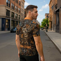 Deer Hunting Skull Zipper Polo Shirt Autumn Leaves Rustic Brown and Orange Tones