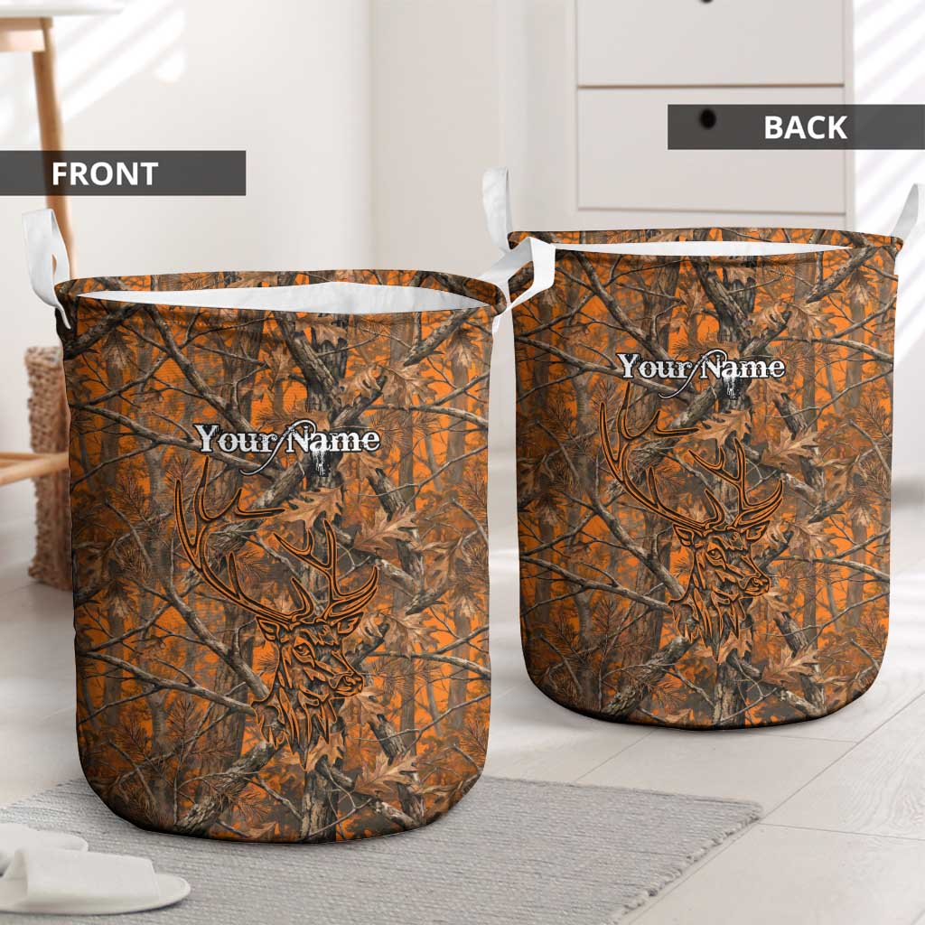 Personalized Deer Hunter Laundry Basket Antler Outline and Autumn Camouflage Hunting