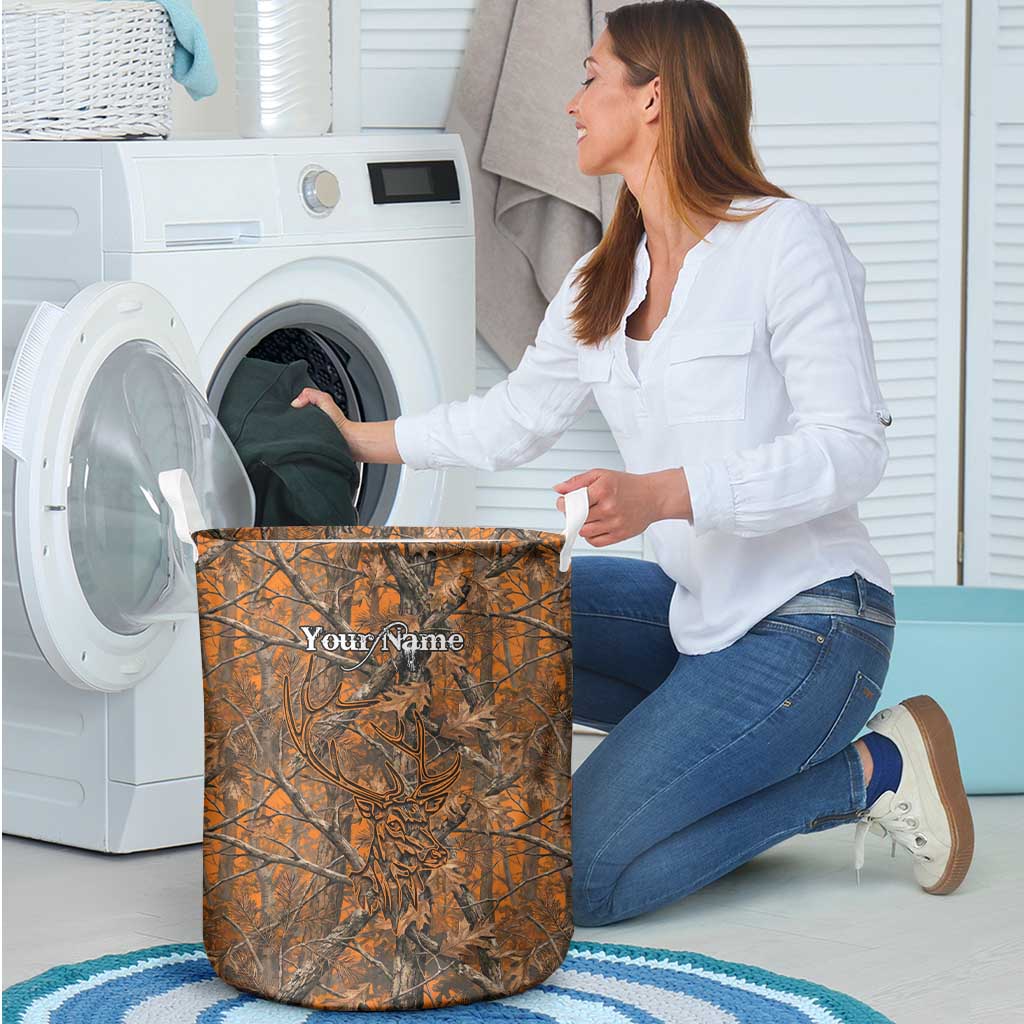Personalized Deer Hunter Laundry Basket Antler Outline and Autumn Camouflage Hunting