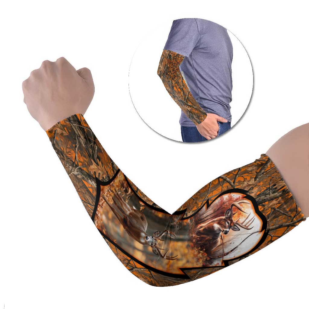 Personalized Deer Hunter Arm Sleeves Antler Outline and Autumn Camouflage Hunting