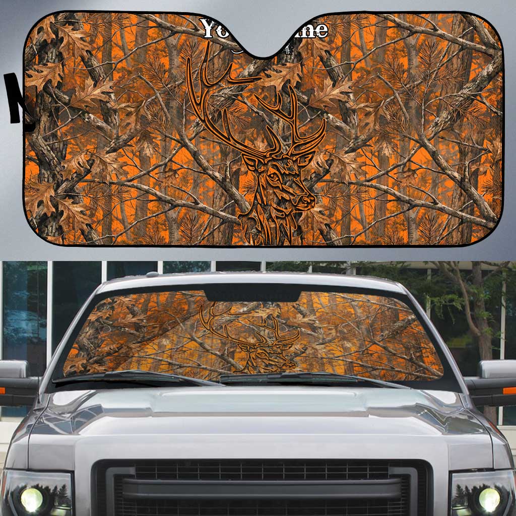 Personalized Deer Hunter Auto Sun Shade Antler Outline and Autumn Camouflage Hunting