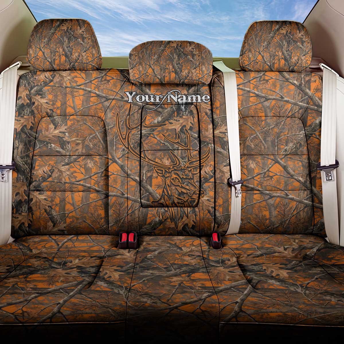 Personalized Deer Hunter Back Car Seat Cover Antler Outline and Autumn Camouflage Hunting