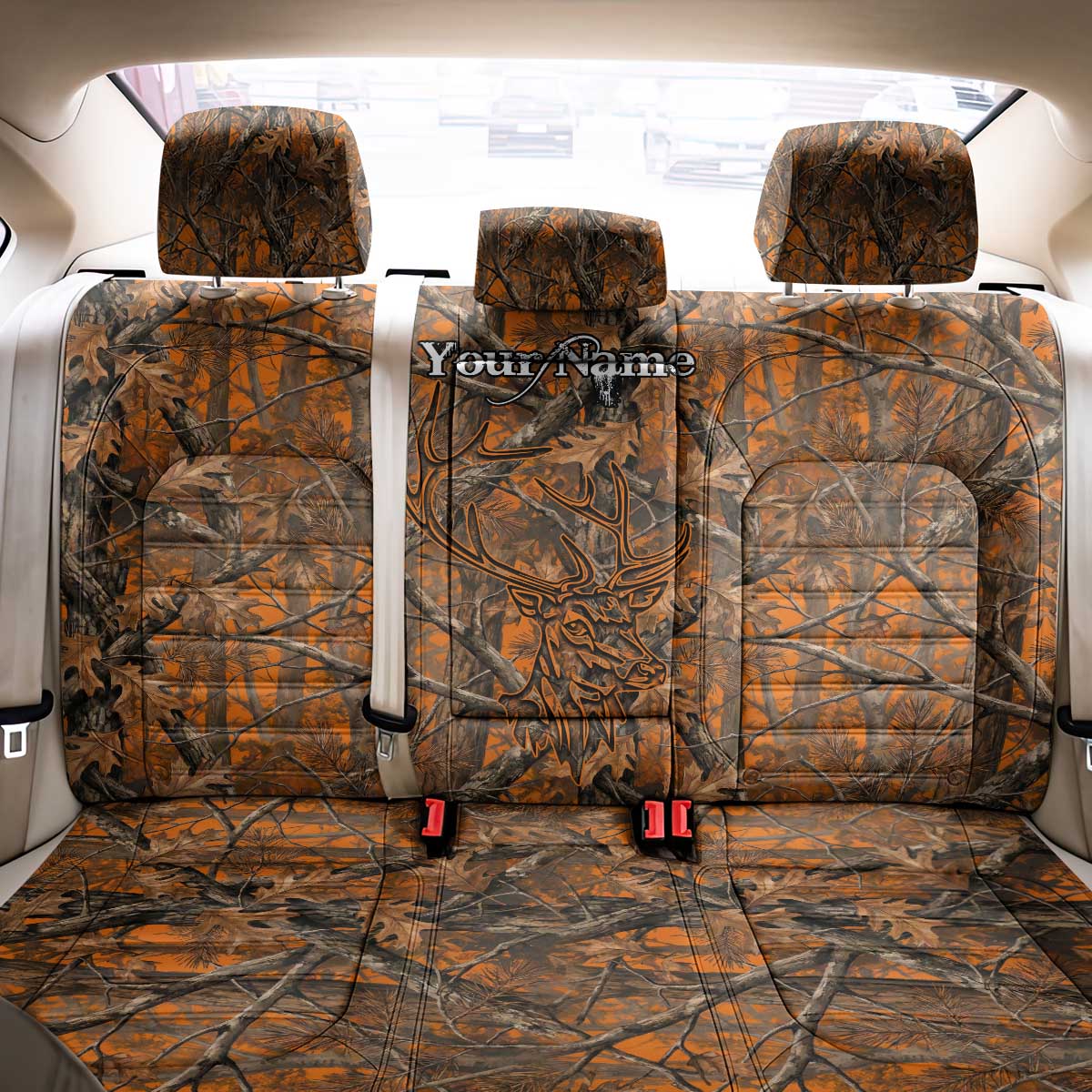Personalized Deer Hunter Back Car Seat Cover Antler Outline and Autumn Camouflage Hunting