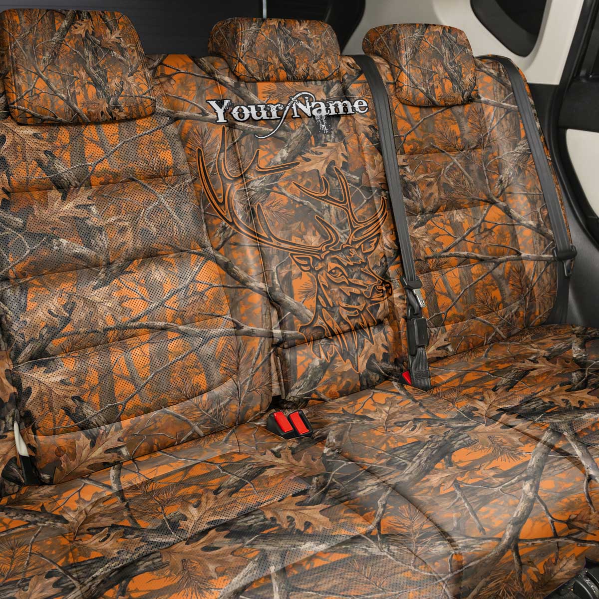 Personalized Deer Hunter Back Car Seat Cover Antler Outline and Autumn Camouflage Hunting
