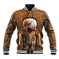 Personalized Deer Hunter Baseball Jacket Antler Outline and Autumn Camouflage Hunting