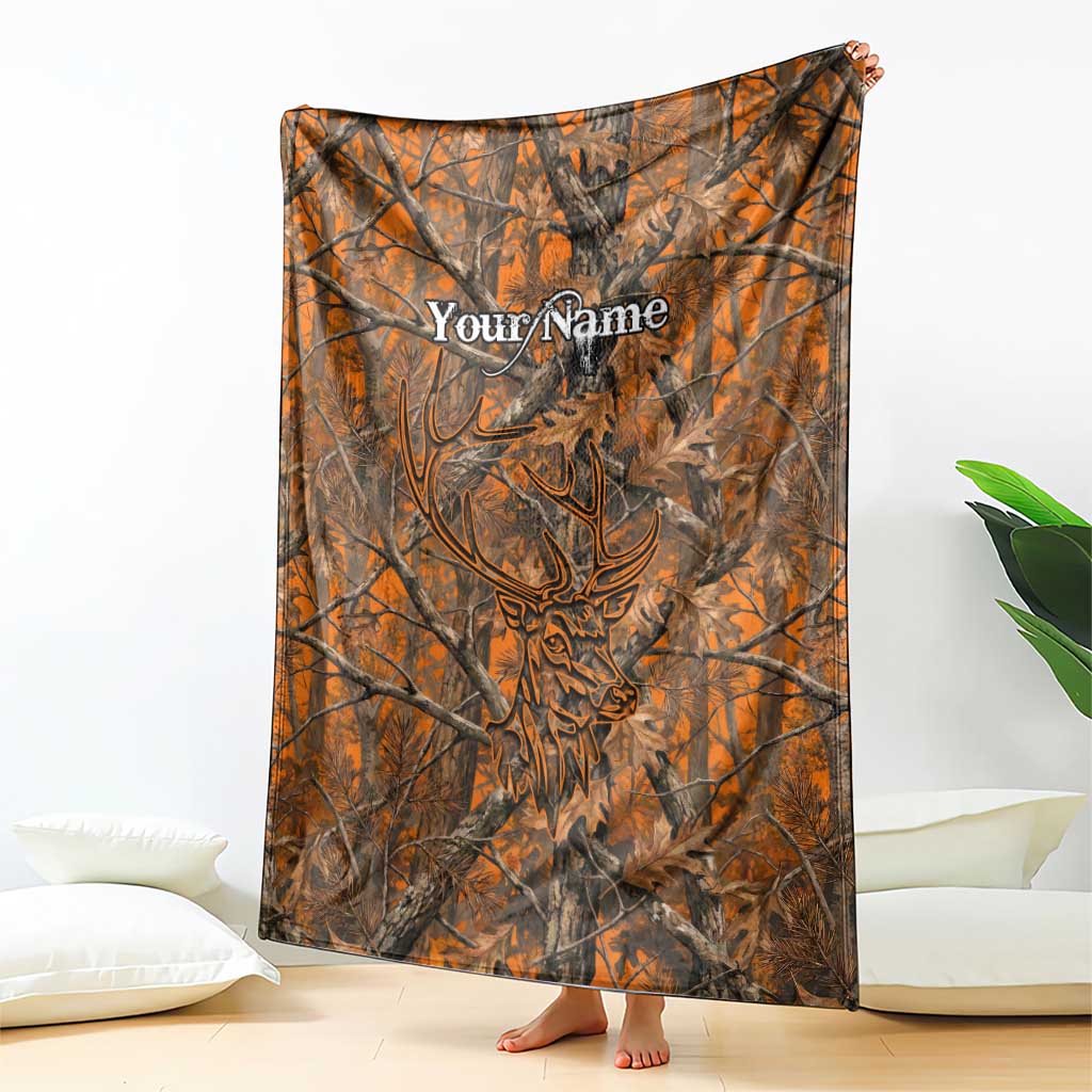 Personalized Deer Hunter Blanket Antler Outline and Autumn Camouflage Hunting