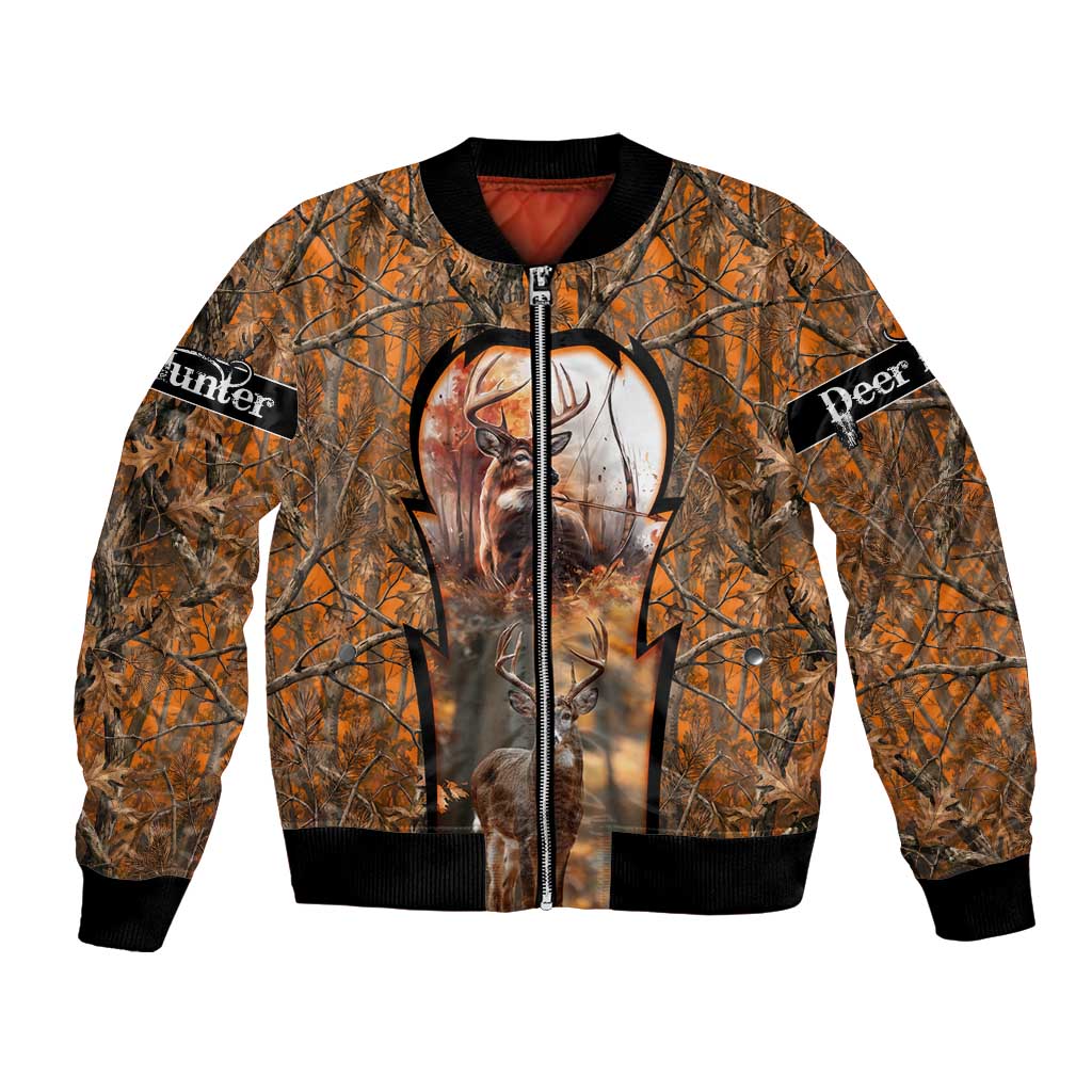 Personalized Deer Hunter Bomber Jacket Antler Outline and Autumn Camouflage Hunting