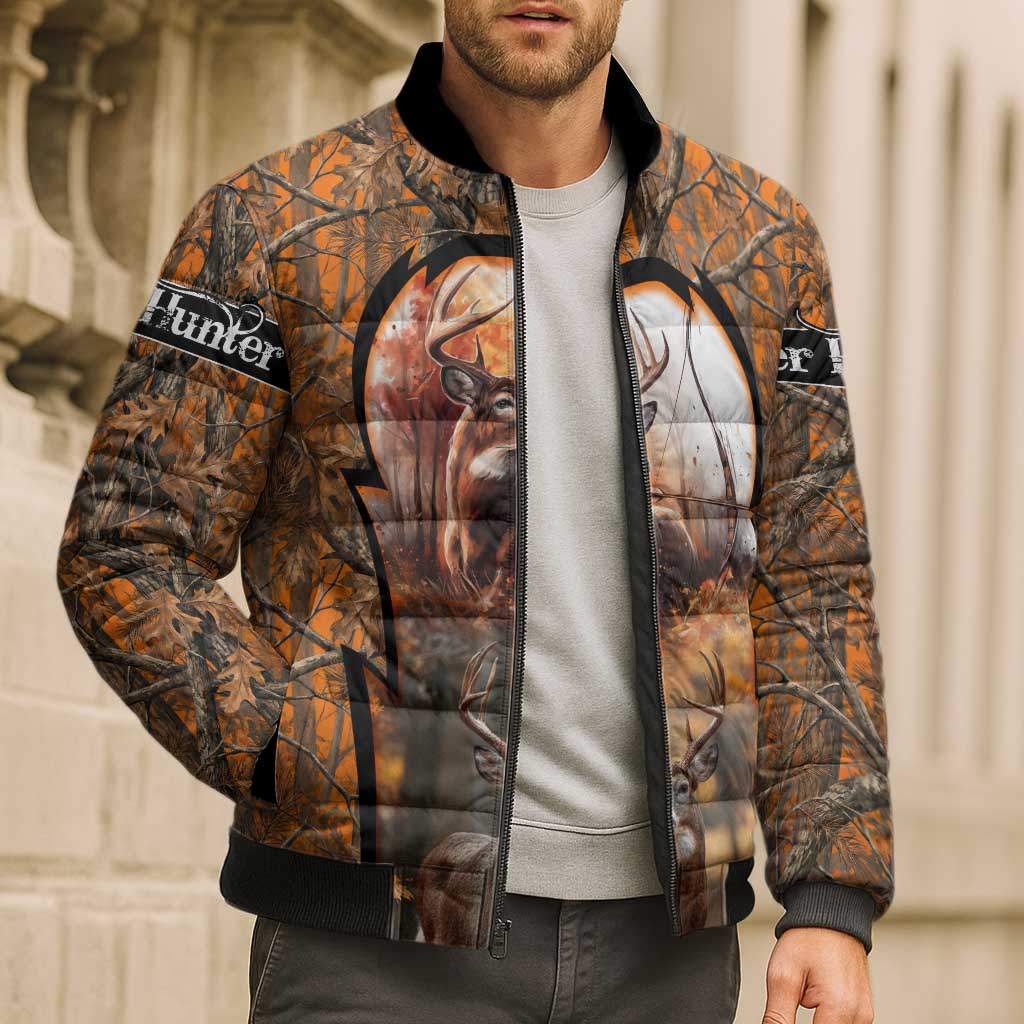 Personalized Deer Hunter Bomber Puffer Jacket Antler Outline and Autumn Camouflage Hunting
