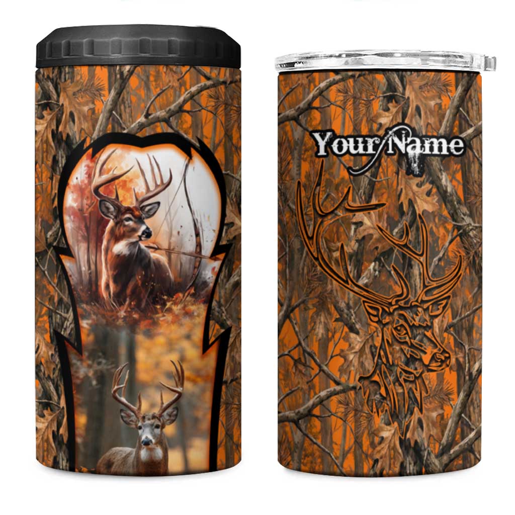 Personalized Deer Hunter 4 in 1 Can Cooler Tumbler Antler Outline and Autumn Camouflage Hunting