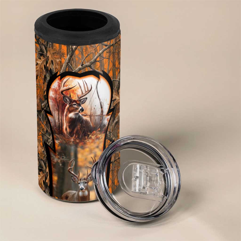 Personalized Deer Hunter 4 in 1 Can Cooler Tumbler Antler Outline and Autumn Camouflage Hunting