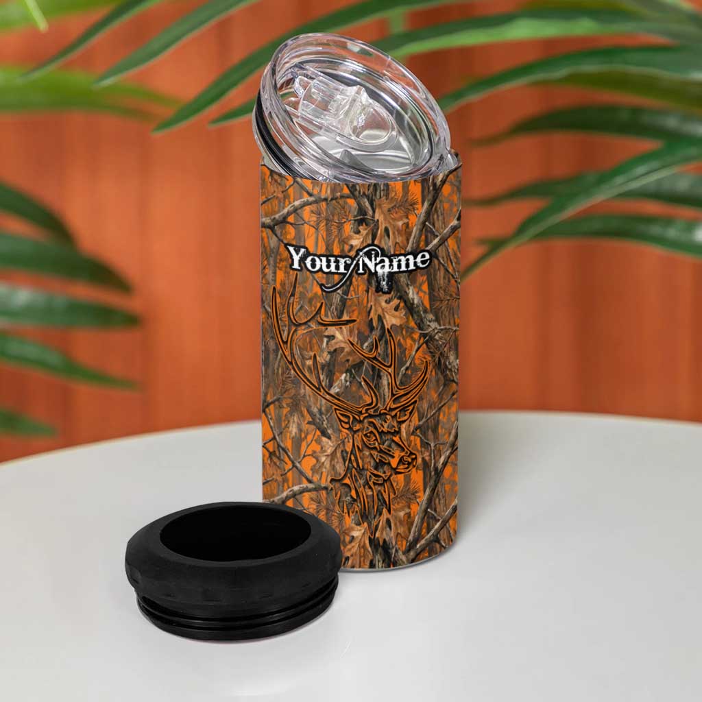 Personalized Deer Hunter 4 in 1 Can Cooler Tumbler Antler Outline and Autumn Camouflage Hunting