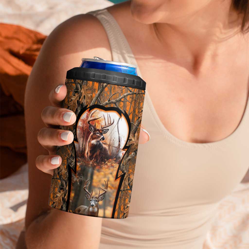 Personalized Deer Hunter 4 in 1 Can Cooler Tumbler Antler Outline and Autumn Camouflage Hunting