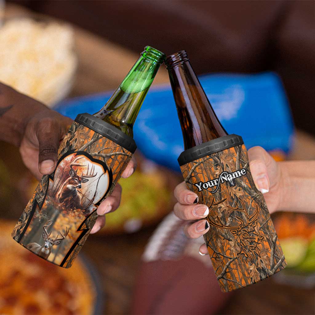 Personalized Deer Hunter 4 in 1 Can Cooler Tumbler Antler Outline and Autumn Camouflage Hunting