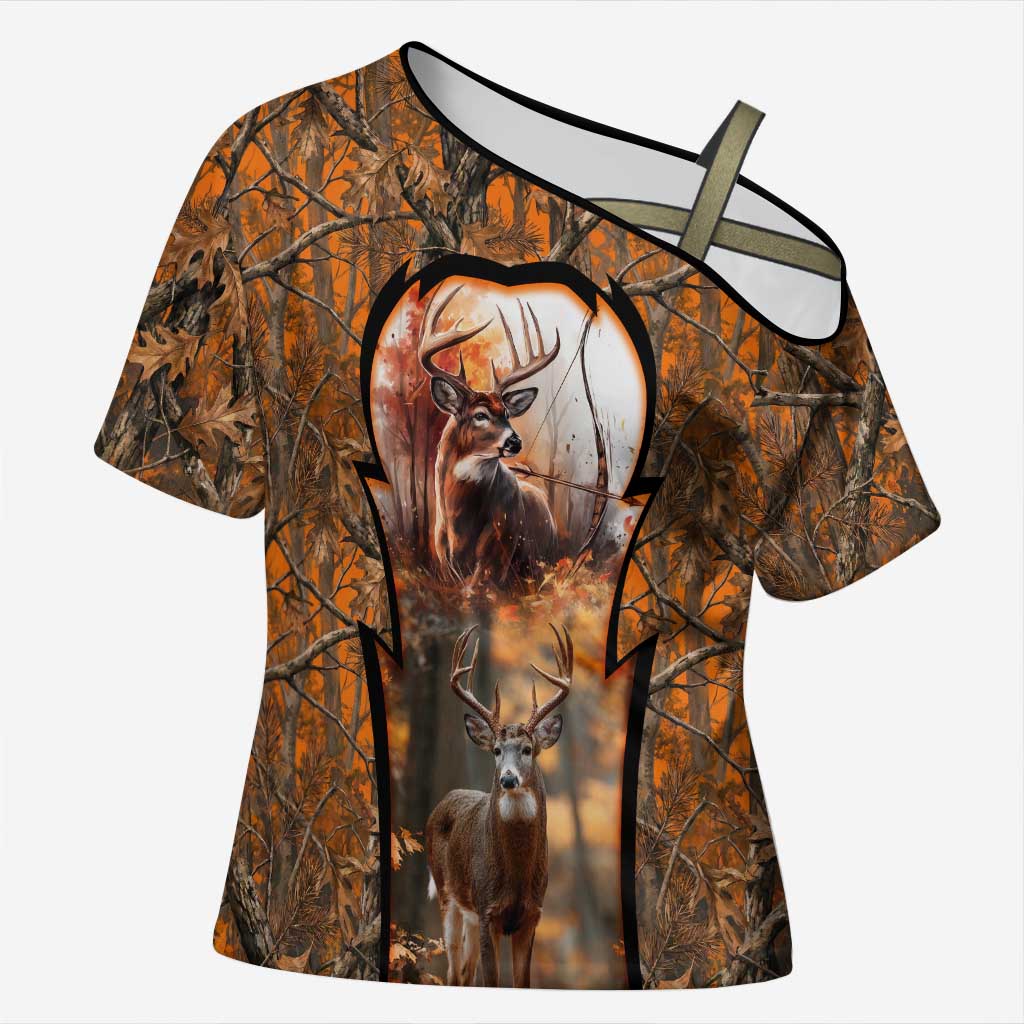Personalized Deer Hunter Cross Shoulder Shirt Antler Outline and Autumn Camouflage Hunting