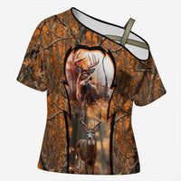Personalized Deer Hunter Cross Shoulder Shirt Antler Outline and Autumn Camouflage Hunting