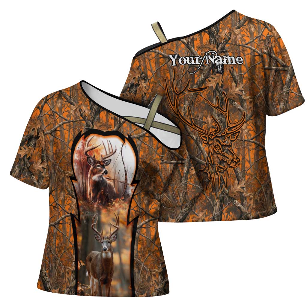 Personalized Deer Hunter Cross Shoulder Shirt Antler Outline and Autumn Camouflage Hunting