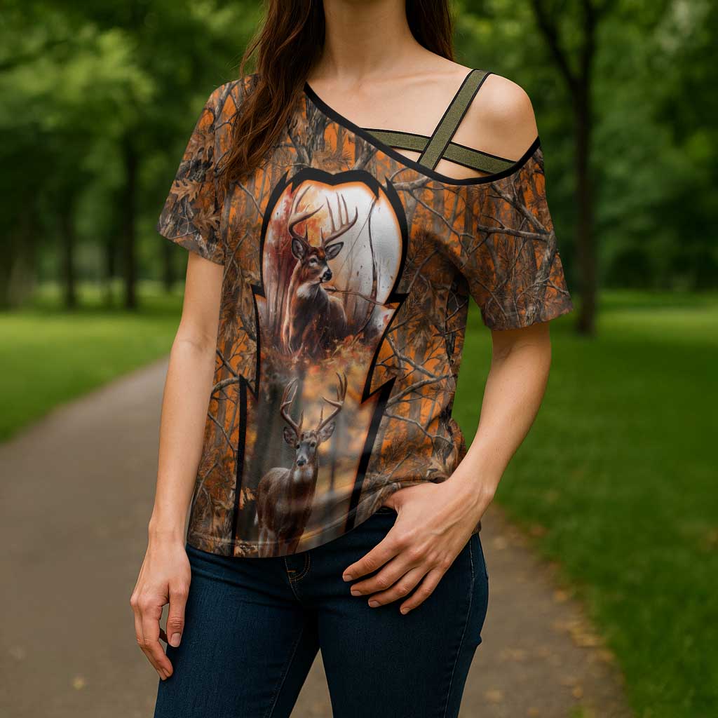 Personalized Deer Hunter Cross Shoulder Shirt Antler Outline and Autumn Camouflage Hunting