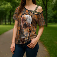 Personalized Deer Hunter Cross Shoulder Shirt Antler Outline and Autumn Camouflage Hunting