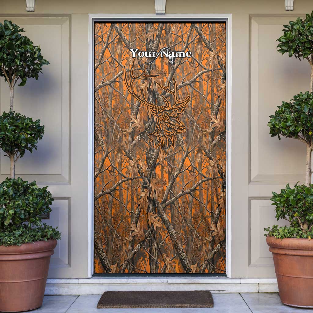 Personalized Deer Hunter Door Cover Antler Outline and Autumn Camouflage Hunting