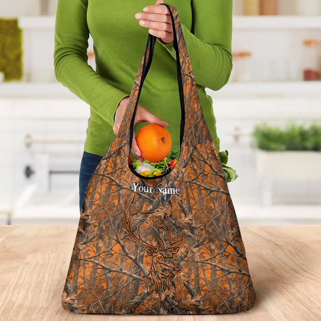 Personalized Deer Hunter Grocery Bag Antler Outline and Autumn Camouflage Hunting