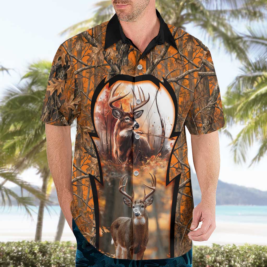 Personalized Deer Hunter Hawaiian Shirt Antler Outline and Autumn Camouflage Hunting