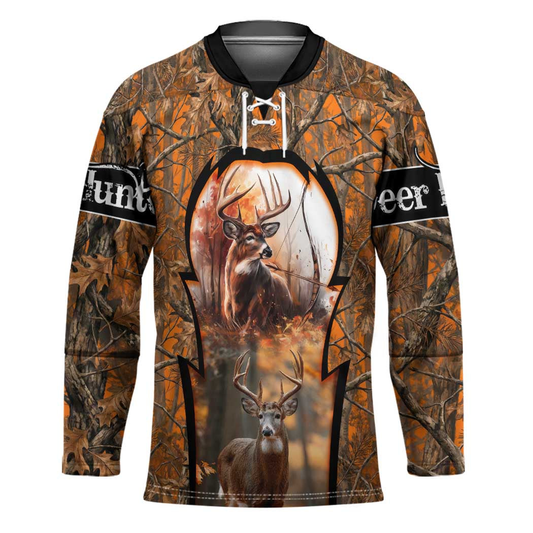 Personalized Deer Hunter Hockey Jersey Antler Outline and Autumn Camouflage Hunting