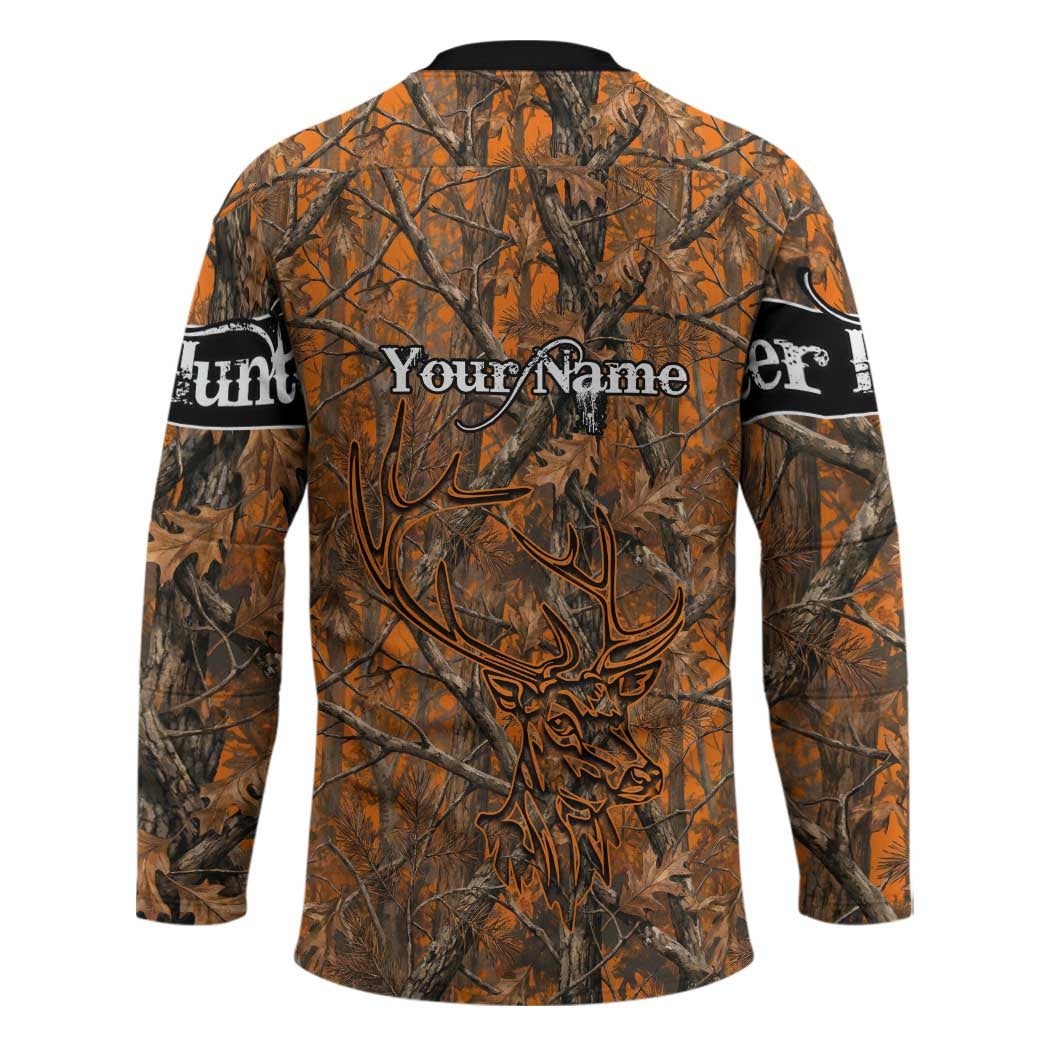 Personalized Deer Hunter Hockey Jersey Antler Outline and Autumn Camouflage Hunting