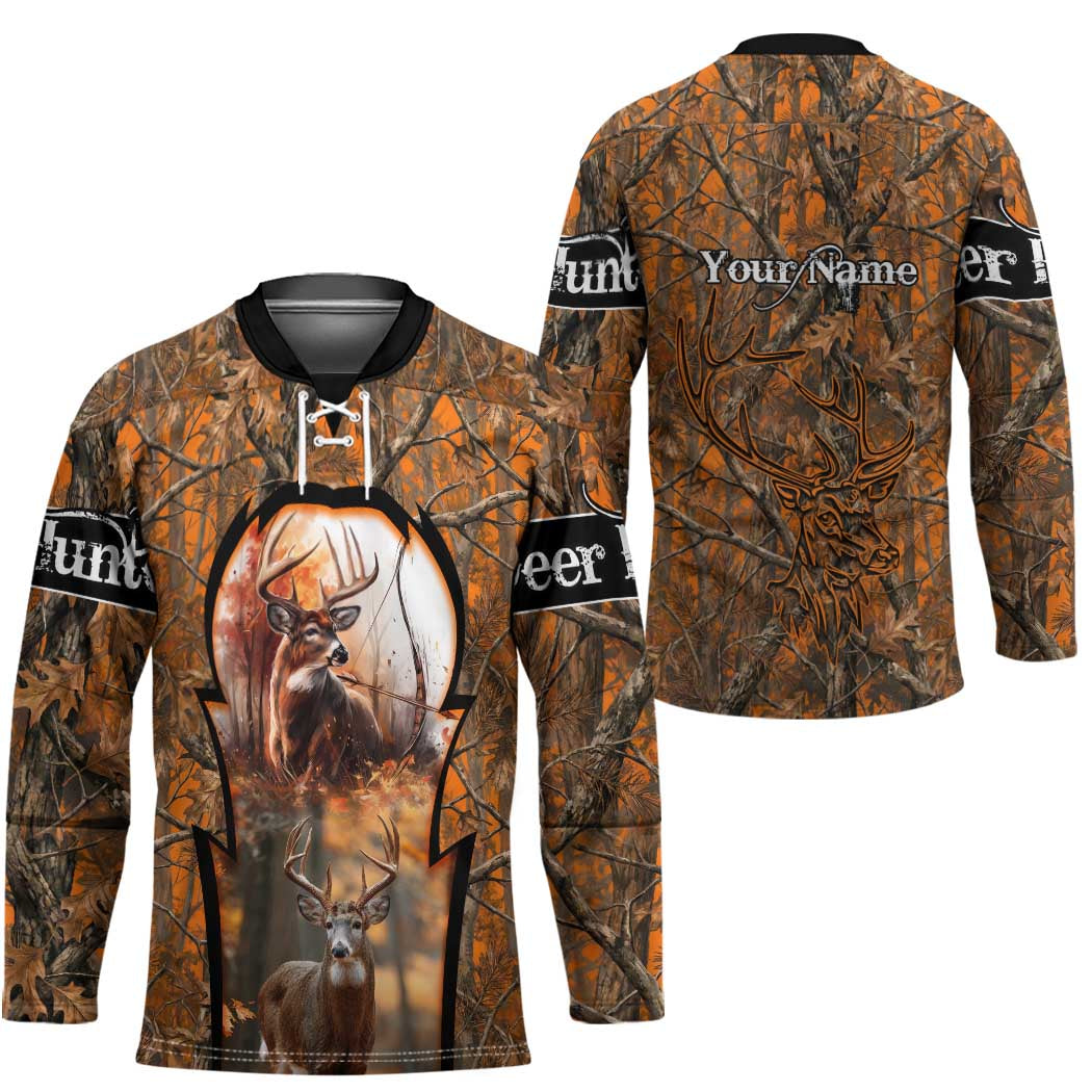 Personalized Deer Hunter Hockey Jersey Antler Outline and Autumn Camouflage Hunting